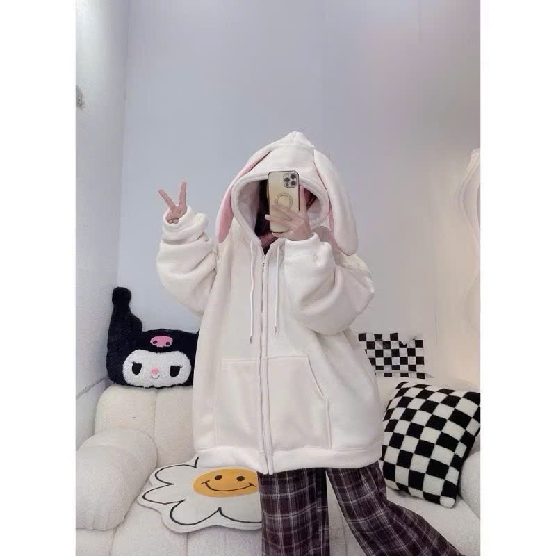 [Mã Giảm 10k] Áo Khoác Nỉ Phối Tai Thỏ Hồng Nữ Hoodie Zip Mũ Rộng 2 Lớp Chất Nỉ Bông Dày Dặn Ấm Áp Phong Cách Trẻ Trung