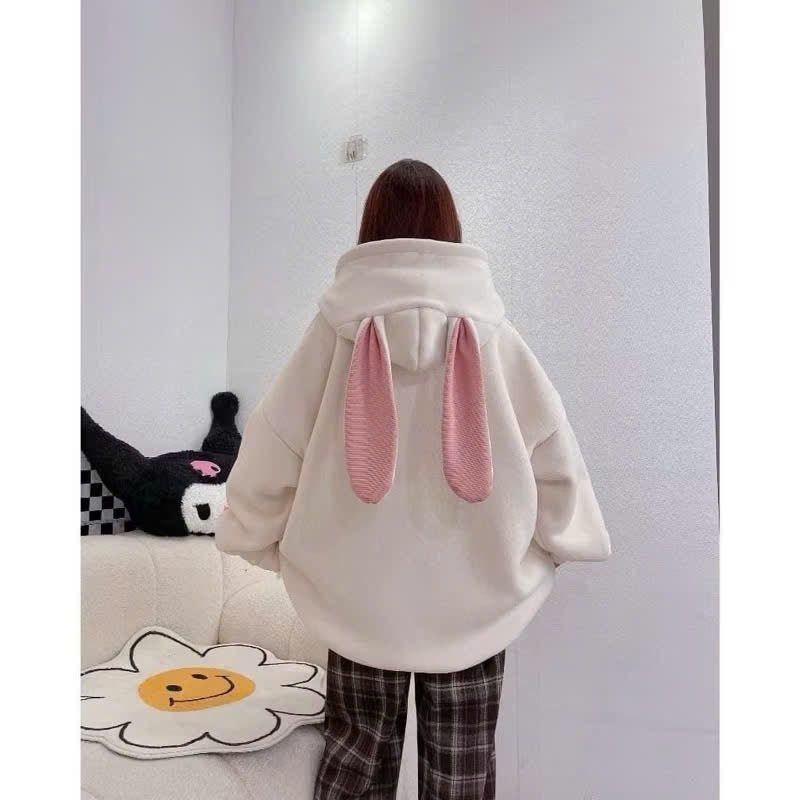 [Mã Giảm 10k] Áo Khoác Nỉ Phối Tai Thỏ Hồng Nữ Hoodie Zip Mũ Rộng 2 Lớp Chất Nỉ Bông Dày Dặn Ấm Áp Phong Cách Trẻ Trung