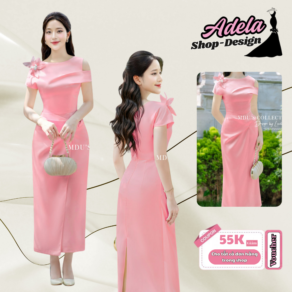 Váy Đi Tiệc ADELA DESIGN Màu Hoa 3D Ở Vai Tinh Xảo Chất Lụa Twist Satin Cao Cấp MDU5293