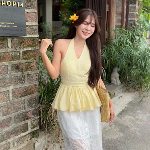 Áo Cổ Yếm Nữ BABEE Hoạ Tiết Bo Chun Xoè Dáng Bí Hở Lưng Mềm Mịn Kiểu Dáng Sang Trọng Quyến Rũ