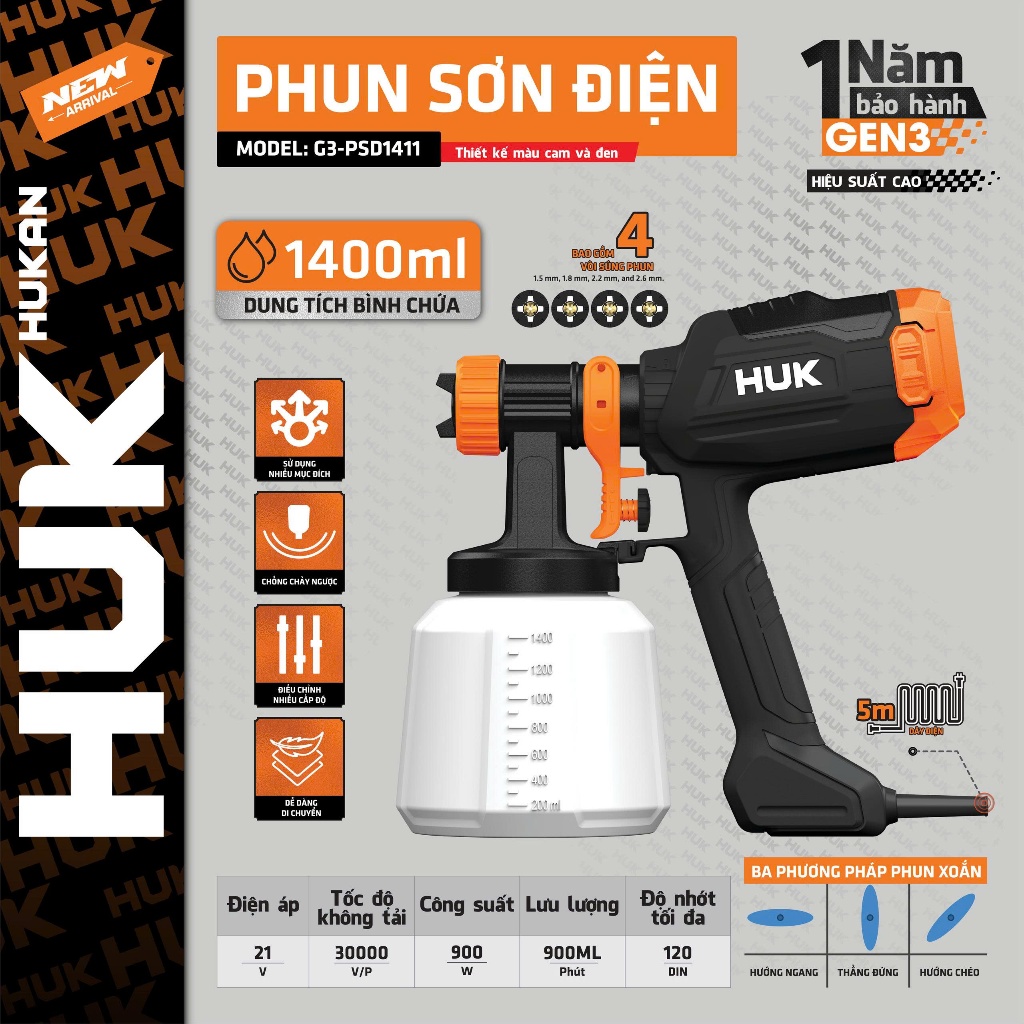 Máy Phun Sơn HUKAN (Gen1) G3-PSD1411 |Công Suất 900W, 4 Vòi Phun (1.5–2.6mm), Bình Chứa 1400ml, 3 Kiểu Phun, Dây Điện 5M