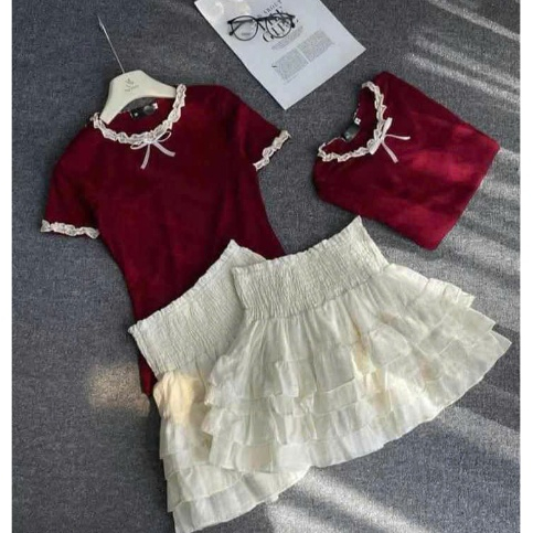 Set đồ đôi mẹ và bé Áo thun cotton cổ phối ren kèm chân váy tầng công chúa siêu dễ thương