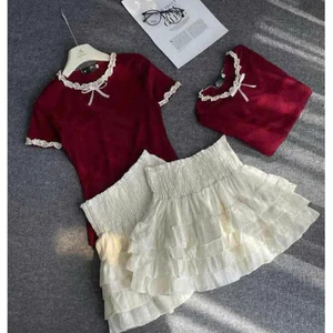 Set đồ đôi mẹ và bé Áo thun cotton cổ phối ren kèm chân váy tầng công chúa siêu dễ thương
