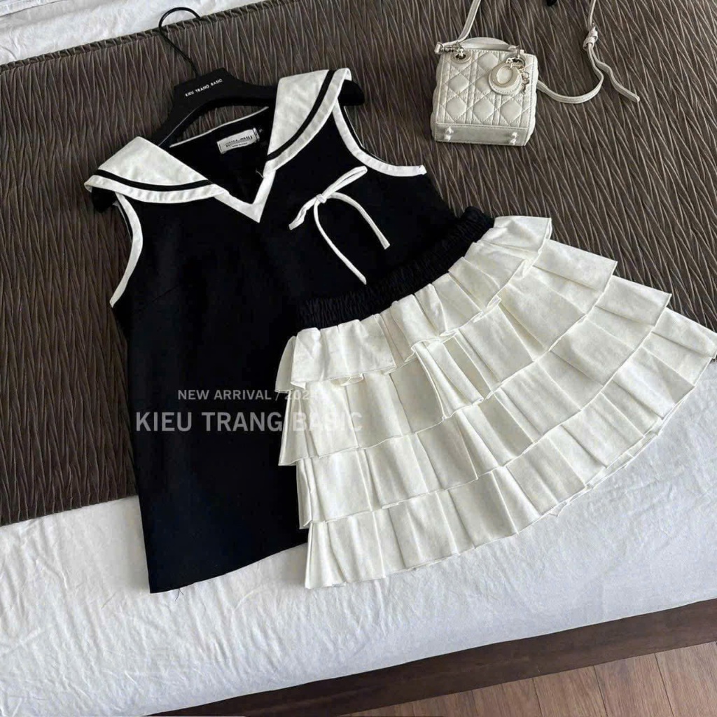 Set đồ bé gái phong cách thủy thủ, Áo sát nách cổ viền trắng, Chân váy tầng xếp ly công chúa siêu đáng yêu