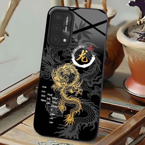 Ốp Lưng Cho OPPO A54, A55, A74, A94, A95 4G Mặt Lưng Kính Cường Lực 12 Con Giáp Thư Pháp