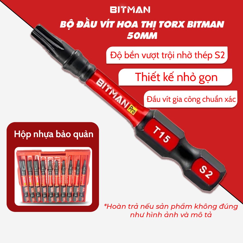 Bộ Đầu Vít Hoa Thị Torx BITMAN & GEINXURN 50mm – 10 Kích Cỡ T7 Đến T40 ...