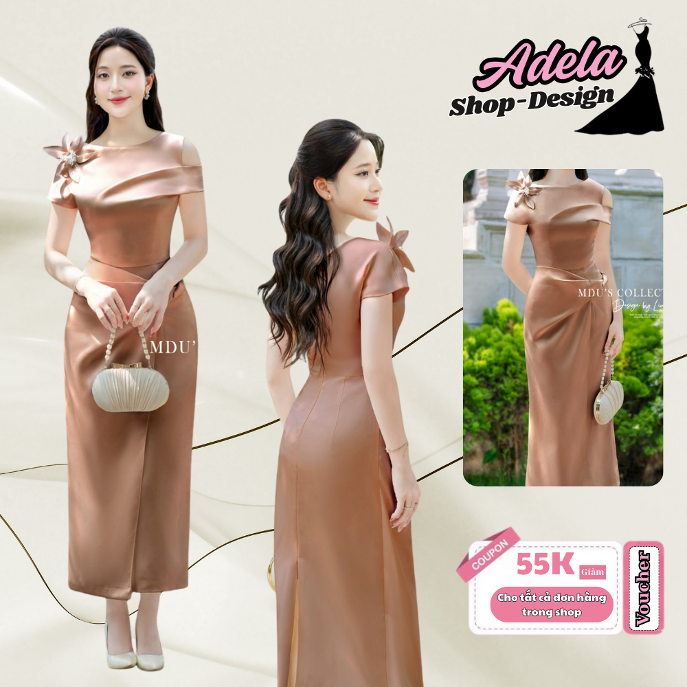 Đầm Đi Sự Kiện ADELA DESIGN Dáng Suông Dài Hoa 3D Ở Vai Chất Lụa Cao Cấp MDU5289