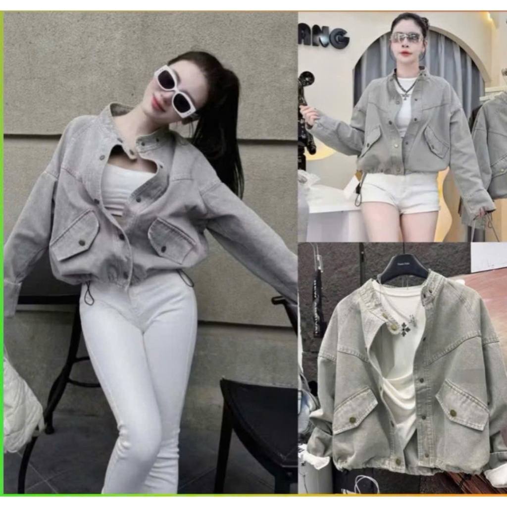 Áo khoác Jean nữ cổ tàu dáng ngắn bo gấu rút dây chất liệu denim dày dặn dễ phối đồ mẫu mới 205 thời trang