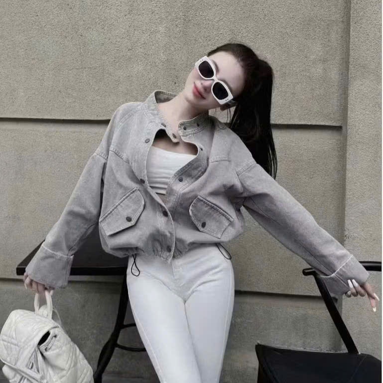 Áo khoác Jean nữ cổ tàu dáng ngắn bo gấu rút dây chất liệu denim dày dặn dễ phối đồ mẫu mới 205 thời trang