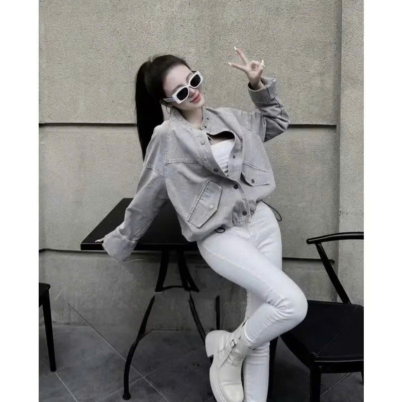 Áo khoác Jean nữ cổ tàu dáng ngắn bo gấu rút dây chất liệu denim dày dặn dễ phối đồ mẫu mới 205 thời trang