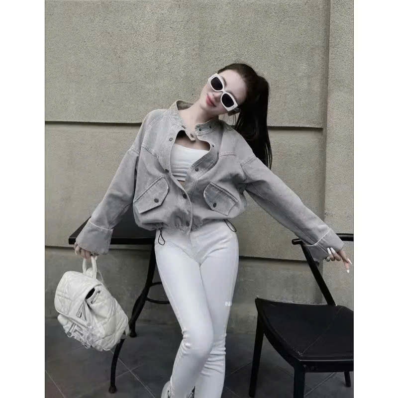 Áo khoác Jean nữ cổ tàu dáng ngắn bo gấu rút dây chất liệu denim dày dặn dễ phối đồ mẫu mới 205 thời trang