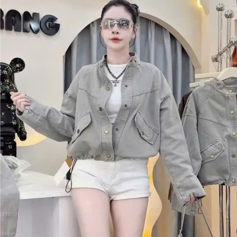 Áo khoác Jean nữ cổ tàu dáng ngắn bo gấu rút dây chất liệu denim dày dặn dễ phối đồ mẫu mới 205 thời trang