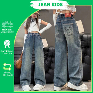 Quần Jean Ống Rộng Bé Gái Lưng Thun Co Giãn Thời Trang Hàn Quốc, Phối Túi Sau Đẹp, Size Từ 24kg Đến 52kg