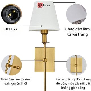Đèn Tường Chao Vải Cao Cấp HIWA Thân Mạ Đồng, Đèn Tường Ngủ Phong Cách Cổ Điển