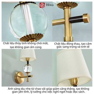 Đèn Tường Chao Vải Cao Cấp HIWA Thân Mạ Đồng, Đèn Tường Ngủ Phong Cách Cổ Điển