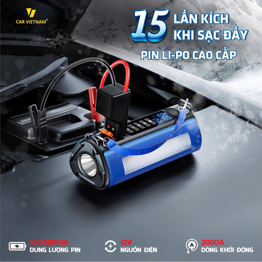 Bộ Kích Bình Bơm Lốp Ô tô, Xe Máy 5in1 CAR VIETNAM 12V, Pin 16000mah,Pin LI-PO, Kiêm Sạc Dự Phòng ,