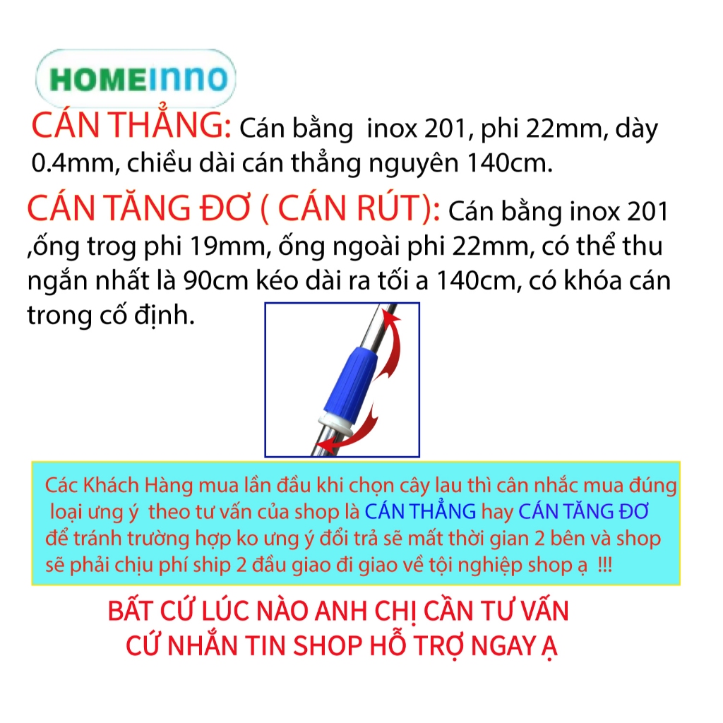 Cây Lau Nhà Công Nghiệp Cán Tăng Đơ Inox Bẹ San Hô 80cm Homeinno Dài 100 - 150cm