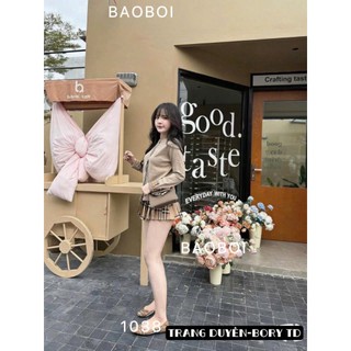 Set áo len cổ tròn thêu hinh tay dài phối chân váy kẻ sọc xếp ly xoè rộng xinh xắn tiểu thư cho nàng - BaoTrang.clothes
