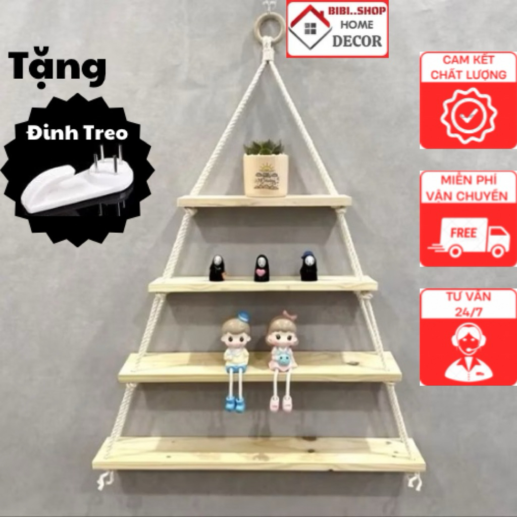 Kệ Gỗ Treo Dây 4 Tầng 30.40.50.60x12cm Trang Trí Tường – Kệ Decor Tối Giản Gọn Nhẹ