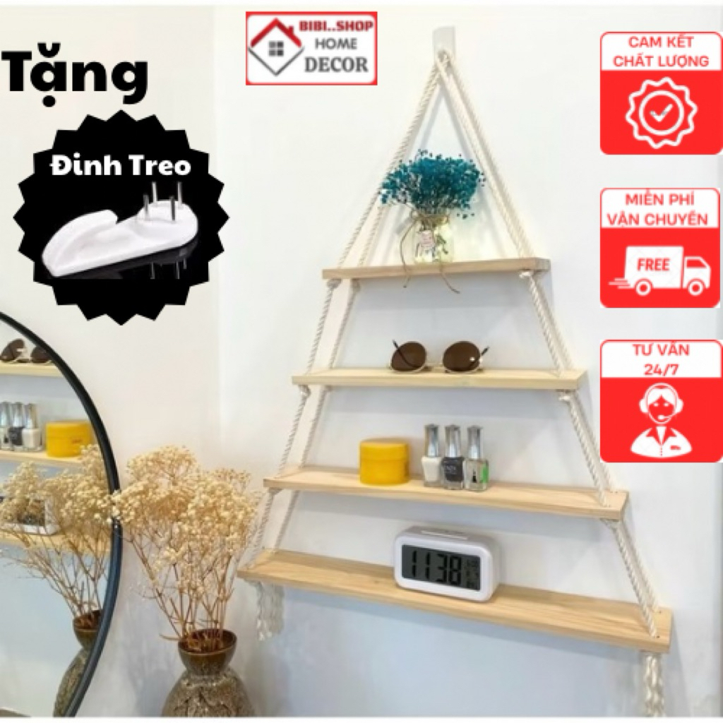 Kệ gỗ treo tường 4 tầng 30.40.50.60x12cm trang trí thanh ngang treo dây thừng decor [ TẶNG KÈM ĐINH VÀ DÂY TREO ]