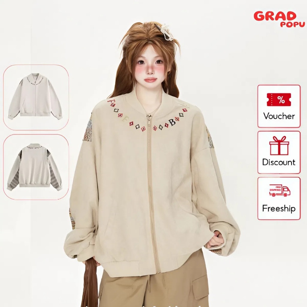 Áo khoác da lộn nữ GRADPOPU nối ruy băng thêu chữ phong cách Mỹ bóng chày cổ điển mùa thu AK136