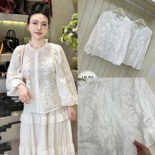 Áo sơ mi thô thiên tơ dài tay đáp ren hoa nổi #83912