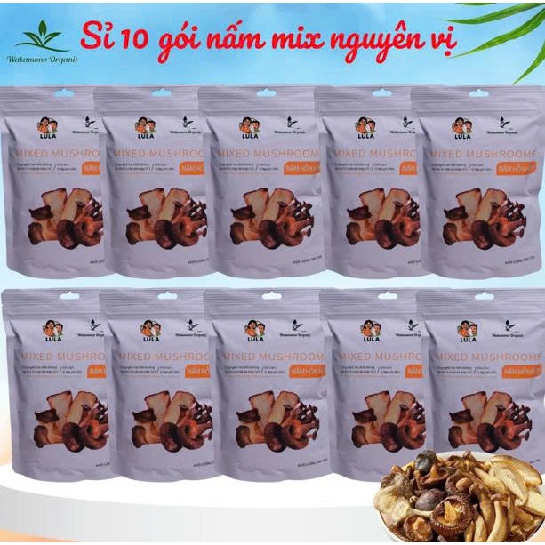 Nấm mix sấy giòn Wakamono Organic Sỉ 10 gói (55g/gói)– Không dầu, snack ăn vặt healthy giòn rụm, ngọt tự nhiên.