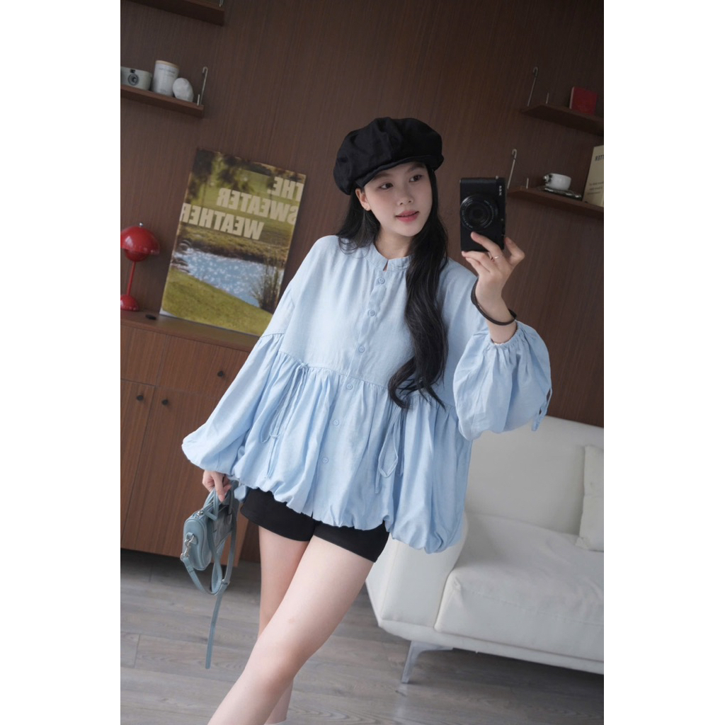 Áo đũi phồng babydoll dây nơ tay dài cài cúc Nữ the.sweaterweather TSW