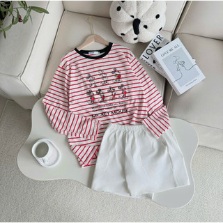 Sét Áo dài tay kẻ sọc và quần đùi Trắng kaki in hình siêu xinh JULY FASHION, Sét đồ đi chơi mùa Đông chất thun xượt mềm