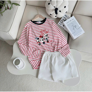 Sét Áo dài tay kẻ sọc và quần đùi Trắng kaki in hình siêu xinh JULY FASHION, Sét đồ đi chơi mùa Đông chất thun xượt mềm