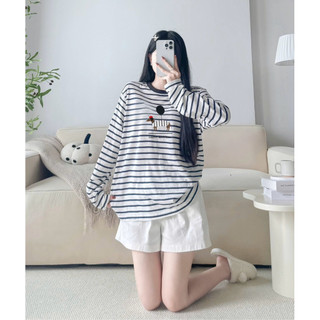 Sét Áo dài tay kẻ sọc và quần đùi Trắng kaki in hình siêu xinh JULY FASHION, Sét đồ đi chơi mùa Đông chất thun xượt mềm