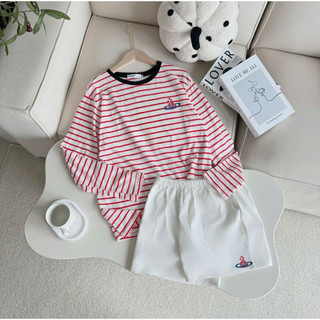 Sét Áo dài tay kẻ sọc và quần đùi Trắng kaki in hình siêu xinh JULY FASHION, Sét đồ đi chơi mùa Đông chất thun xượt mềm