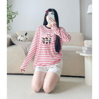 Sét Áo dài tay kẻ sọc và quần đùi Trắng kaki in hình siêu xinh JULY FASHION, Sét đồ đi chơi mùa Đông chất thun xượt mềm