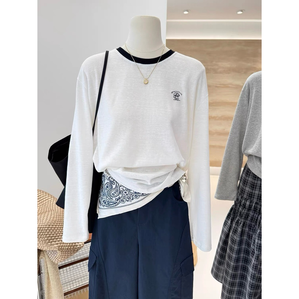 Áo thun nữ tay dài Trắng bo viền nổi bật JULY FASHION, Áo thun dài tay nữ dáng rộng in hình, chất thun xượt mềm mịn