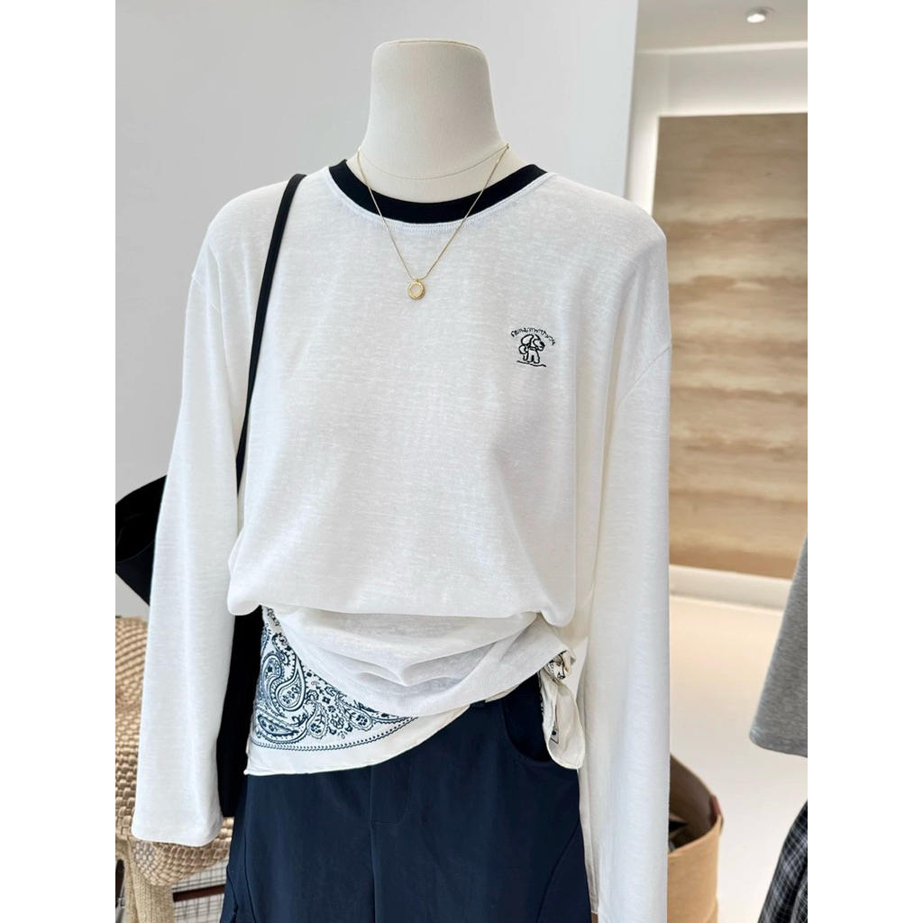 Áo thun nữ tay dài Trắng bo viền nổi bật JULY FASHION, Áo thun dài tay nữ dáng rộng in hình, chất thun xượt mềm mịn