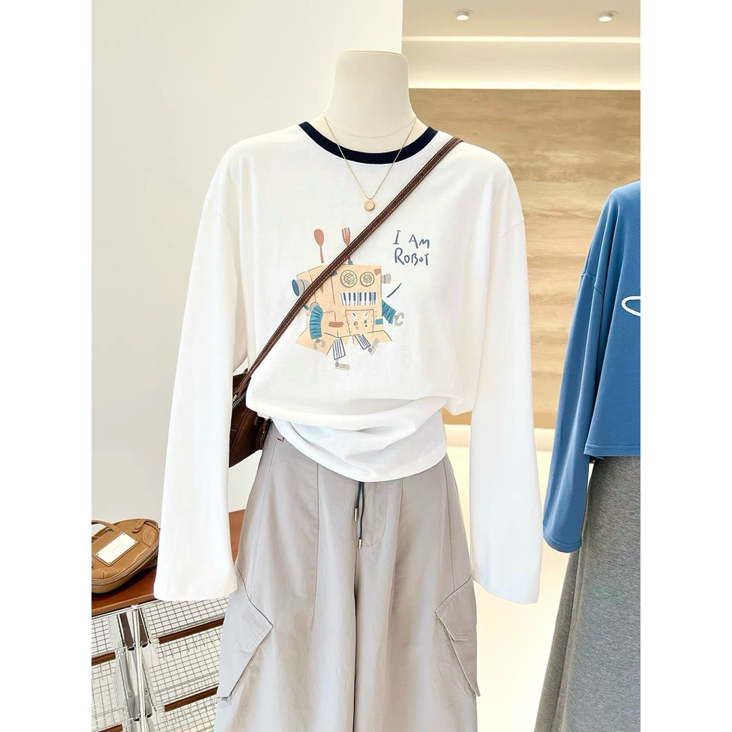 Áo thun nữ tay dài Trắng bo viền nổi bật JULY FASHION, Áo thun dài tay nữ dáng rộng in hình, chất thun xượt mềm mịn
