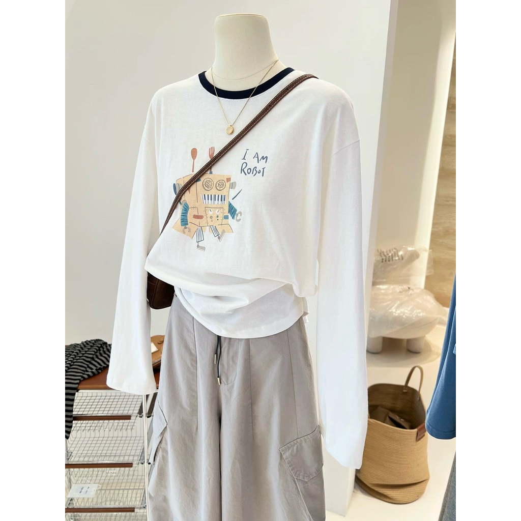 Áo thun nữ tay dài Trắng bo viền nổi bật JULY FASHION, Áo thun dài tay nữ dáng rộng in hình, chất thun xượt mềm mịn