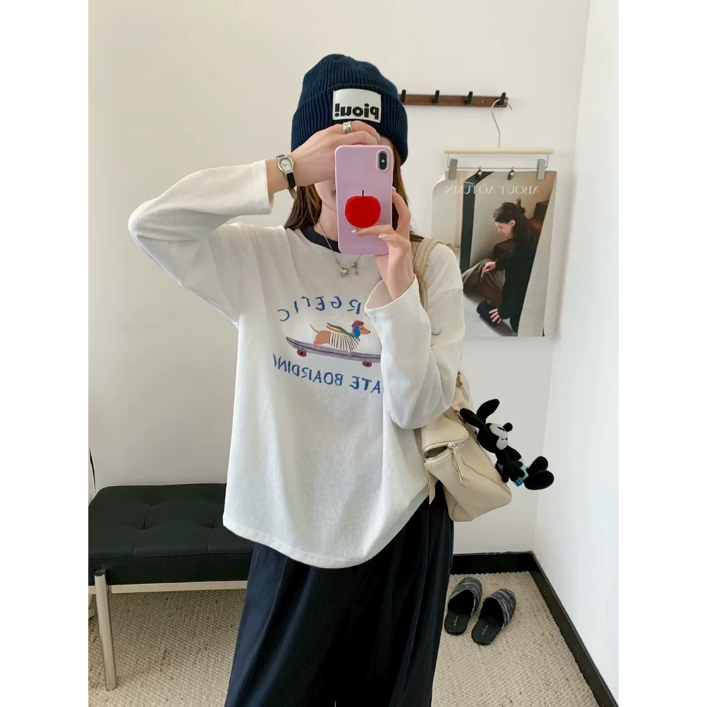 Áo thun nữ tay dài Trắng bo viền nổi bật JULY FASHION, Áo thun dài tay nữ dáng rộng in hình, chất thun xượt mềm mịn