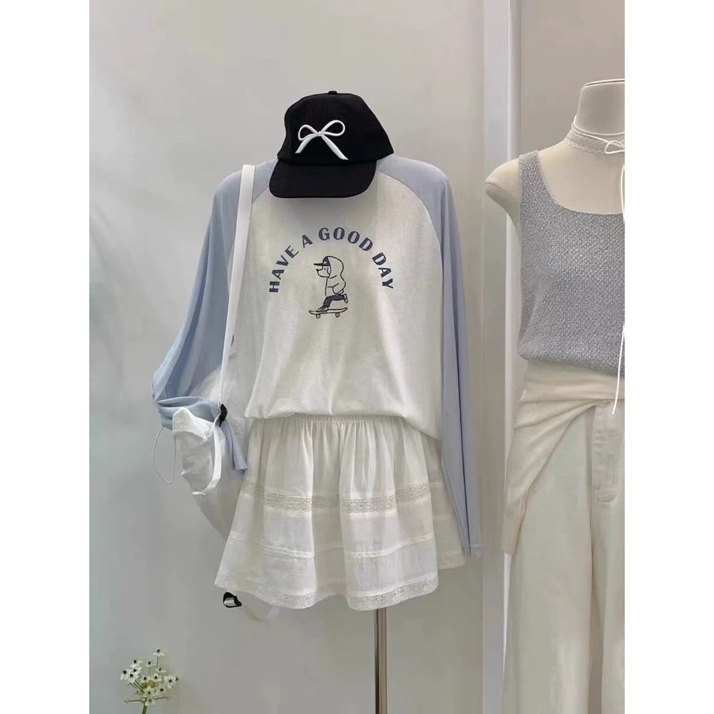Áo thun nữ dài tay phối màu xanh nhạt in hình JULY FASHION, Áo phông tay dài chất thun xượt, Thu đông 2025