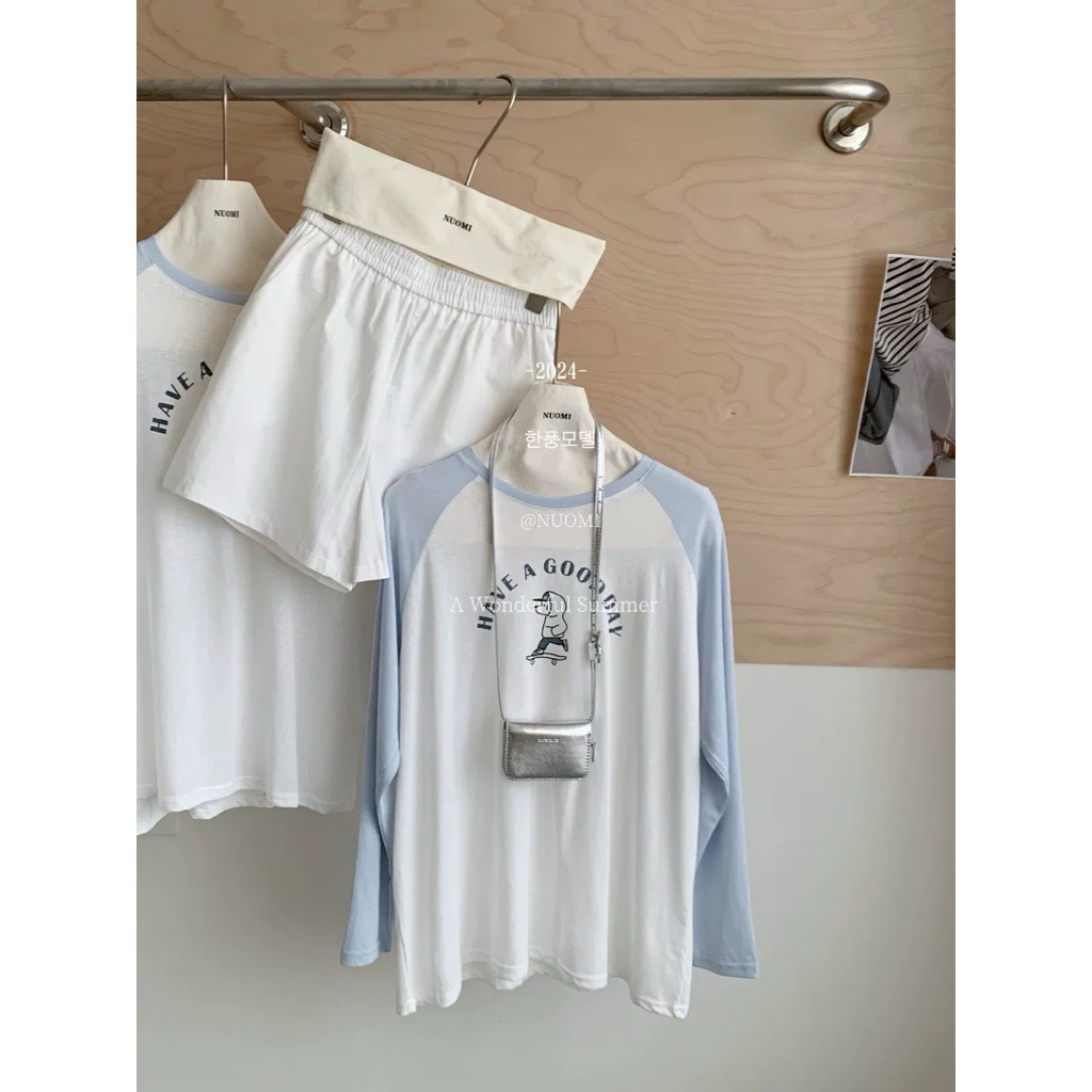 Áo thun nữ dài tay phối màu xanh nhạt in hình JULY FASHION, Áo phông tay dài chất thun xượt, Thu đông 2025