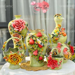 Bình Hoa Đắp Nổi Gốm Sứ Bát Tràng Màu Xanh Bơ Cốm - Lọ Hoa Decor Trang Trí Phòng Khách Đẹp