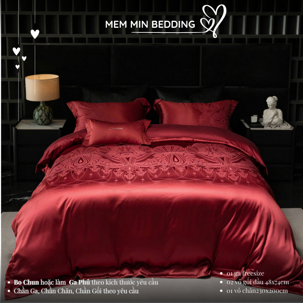 (LỤA CƯỚI TONE ĐỎ) Bộ chăn ga gối lụa cưới cao cấp  MemMinbedding Luxury phong cách sang trọng, chất vải mềm mướt