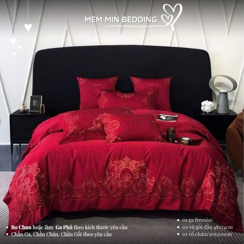 (LỤA CƯỚI TONE ĐỎ) Bộ chăn ga gối lụa cưới cao cấp  MemMinbedding Luxury phong cách sang trọng, chất vải mềm mướt