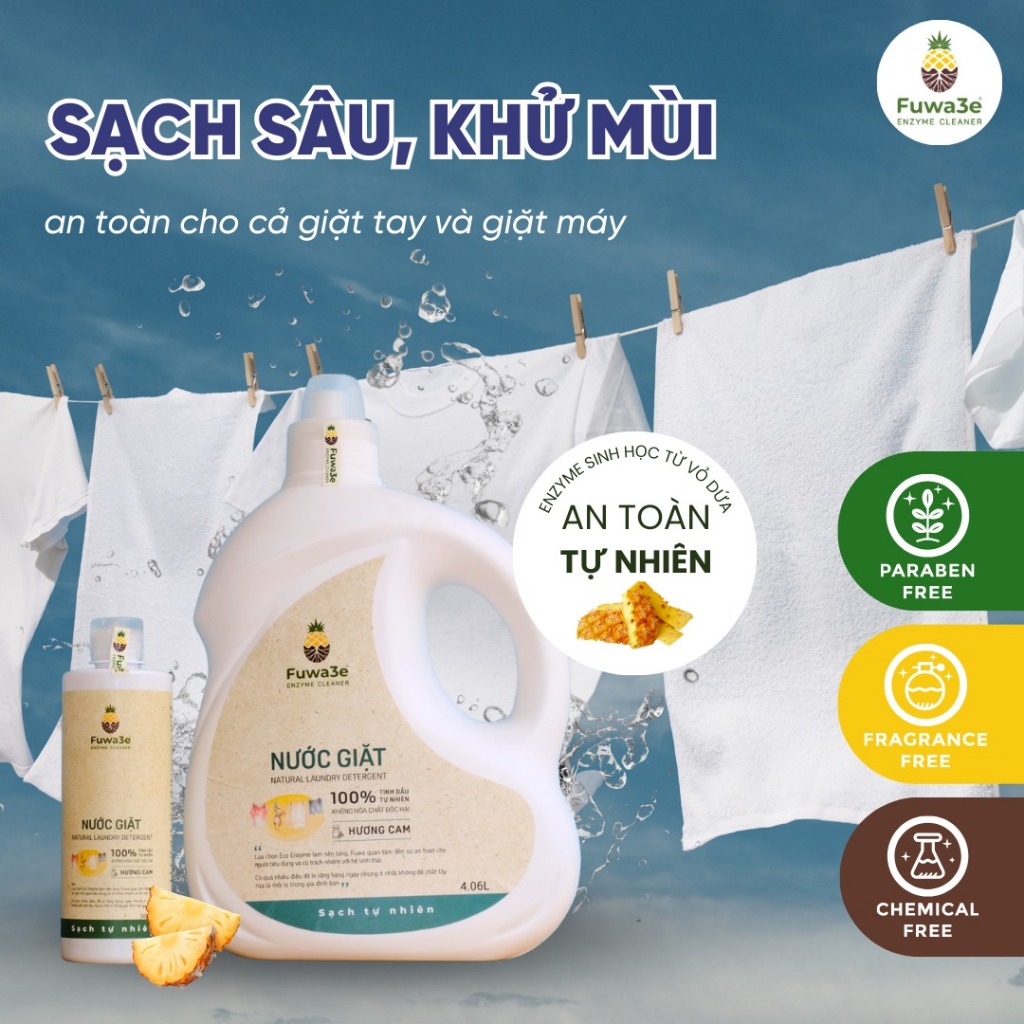 Nước giặt hữu cơ Fuwa3e organic hương bạc hà 100% thành phần sinh học an toàn cho em bé dung tích 500ml