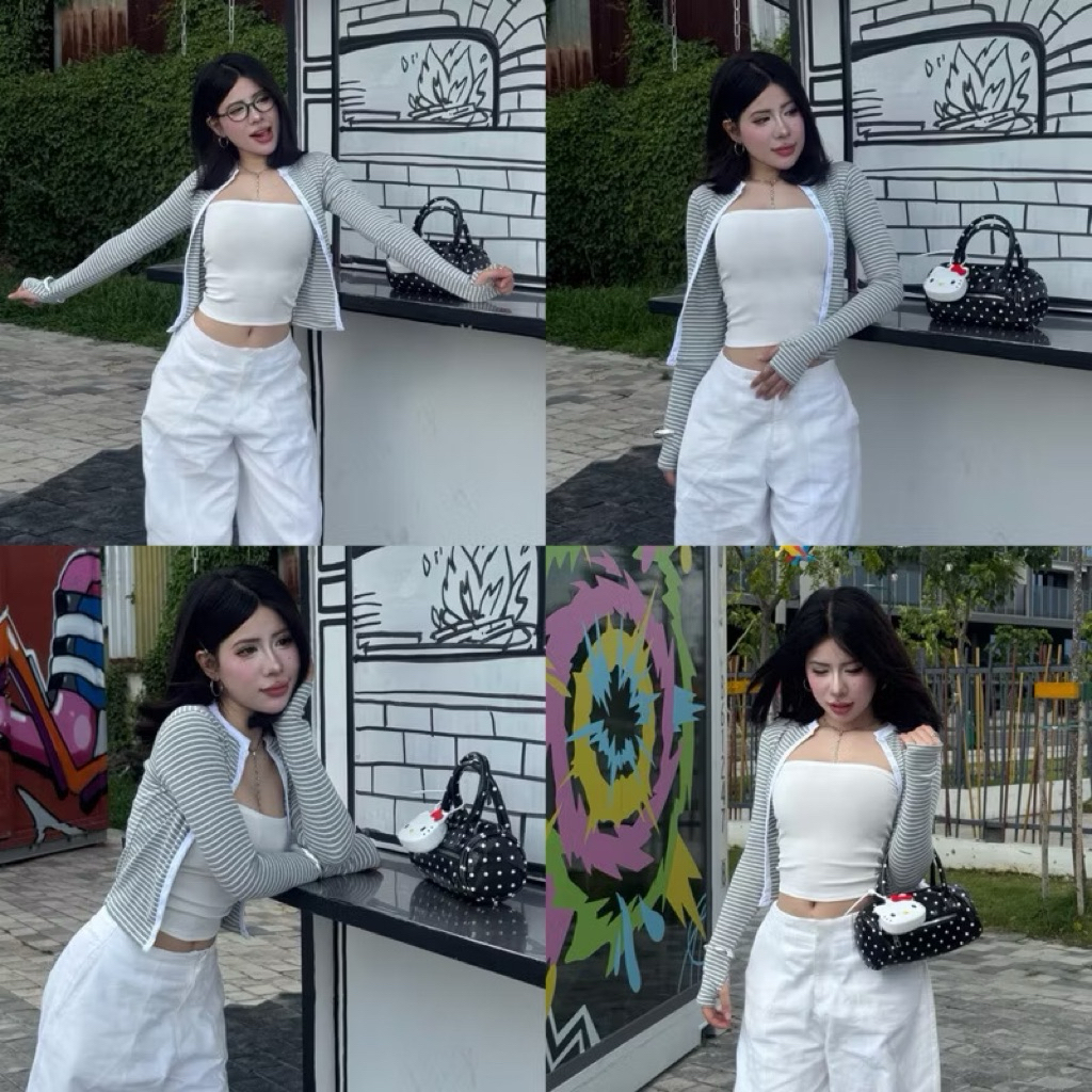 | LYN WEAR | Áo Thun sọc ngang Tay Dài Cổ Cao Form Gọn Cardigan Nút Cài - Co Giãn 4 Chiều