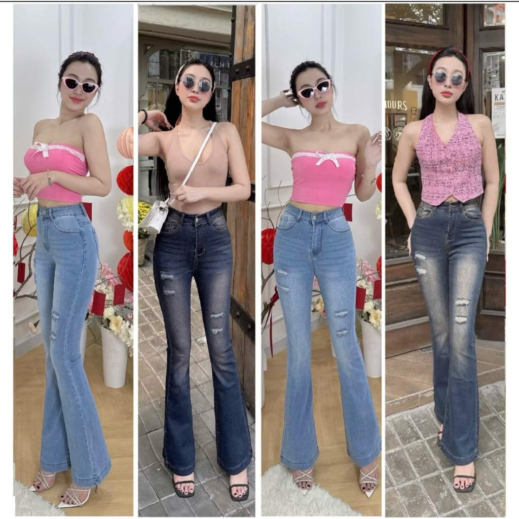 Quần Jeans Nữ, Quần Bò Nữ Lưng Cao Ống Loe Dài rách