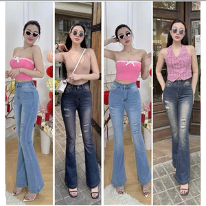 Quần Jeans Nữ, Quần Bò Nữ Lưng Cao Ống Loe Dài rách