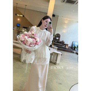 Set áo cổ tròn mix ren hoa form rộng tay dài phối chân váy maxi chữ A xinh xắn tiểu thư cho các nàng - BaoTrang.clothes