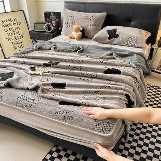 Bộ nỉ nhung sữa 4 món gấu chữ họa tiết ngộ nghĩnh kèm chăn nỉ nhung dày dặn kích thước 2m3x2m