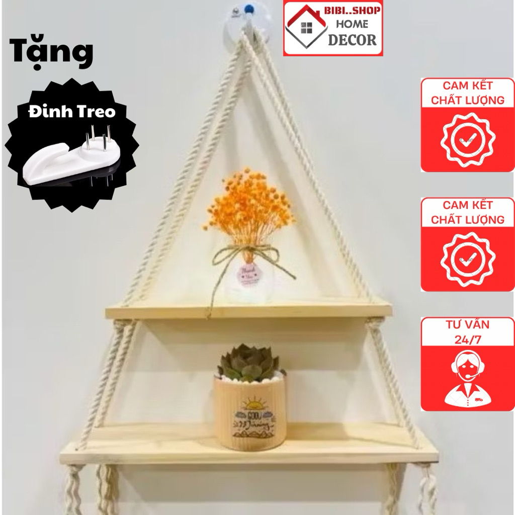 Kệ treo dây 3 tầng 4 tầng, Kệ gỗ treo tường tặng kèm đinh và dây treo - Nhiều kích thước dễ dàng lựa chọn